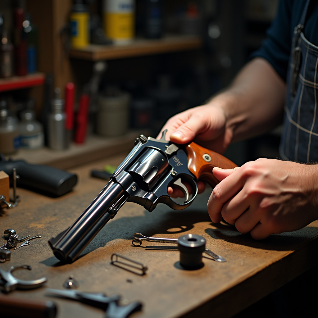 Hands meticulously reassembling a revolver on a worktable filled with gunsmithing tools