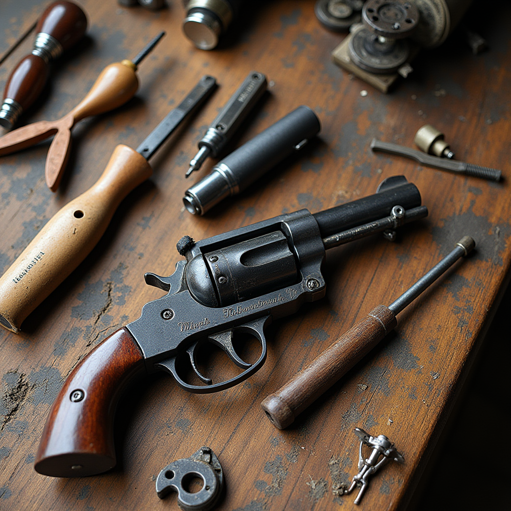 An overhead view of disassembled vintage revolver and gunsmithing tools on a rustic wooden table